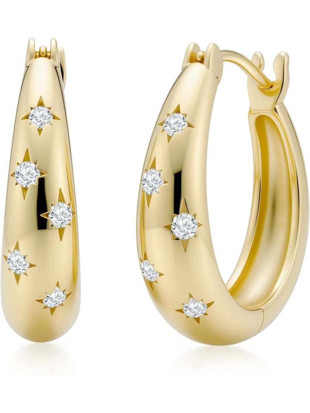 Trendy 14K Gold Chunky Hoop Earrings for Women with Celestial Star Design